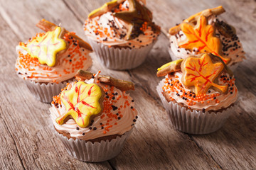 Cupcakes with autumn leaves close up on the table. Horizontal
