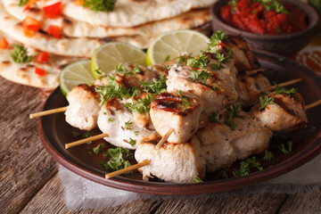 Indian chicken tikka on skewers close-up and naan. Horizontal
