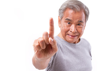 confident senior man pointing up 1 finger, number 1 hand sign ge