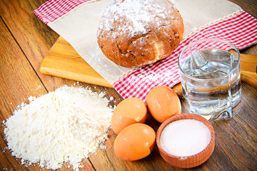 Bread, flour, egg, water. Baking