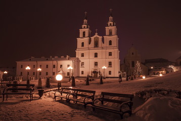 The Cathedral and the park in Minsk in winter night