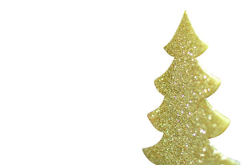 defocused golden christmas tree glitter white background