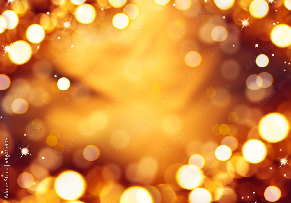 Poster christmas holiday background. golden abstract defocused bokeh