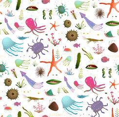 Fototapeta premium Colorful Kids Cartoon Sea Life Seamless Pattern Background on White