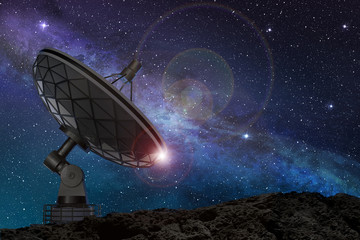 satellite dish under a starry night sky - obrazy, fototapety, plakaty