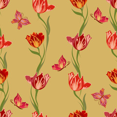Seamless pattern with tulips and butterflies.