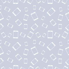 Fototapeta na wymiar Seamless vector pattern, light pastel shadeless chaotic background with white smartphones