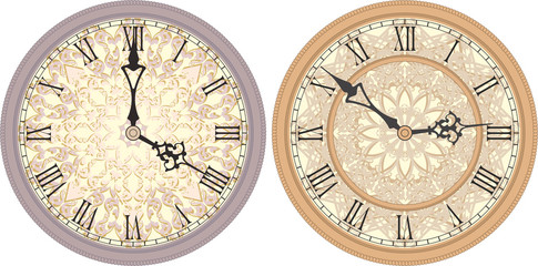 Vector image of a round, old clock with Roman numerals. - 96220322