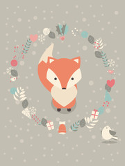 Fototapeta premium Cute Christmas baby fox surounded with floral decoration