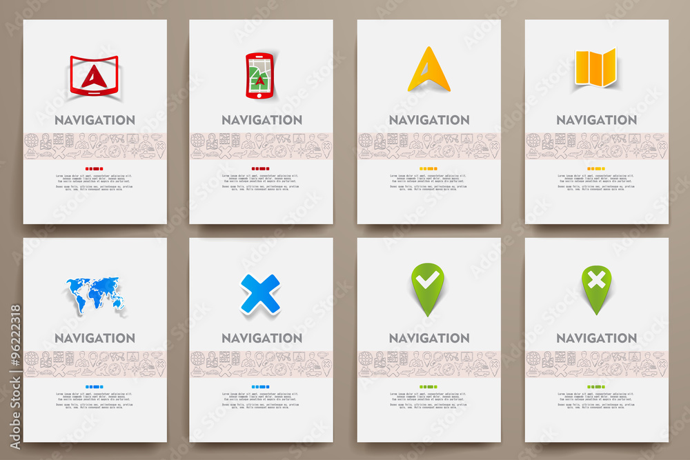 Poster corporate identity vector templates set with doodles navigation theme