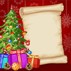 Christmas card with decorated pine tree