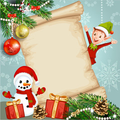 Christmas card with a snowman and elf