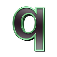 One lower case letter from black with green shiny frame alphabet set, isolated on white. Computer generated 3D photo rendering.