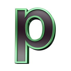 One lower case letter from black with green shiny frame alphabet set, isolated on white. Computer generated 3D photo rendering.