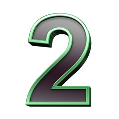 One digit from black with green shiny frame alphabet set, isolated on white. Computer generated 3D photo rendering.
