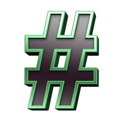 Obraz premium Number mark from black with green shiny frame alphabet set, isolated on white. Computer generated 3D photo rendering.