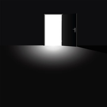 Open door with light coming into the darkness, as a symbol for hope, courage and for taking a chance. Vector illustration.