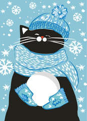 New Year greeting card, black cat playing snowballs