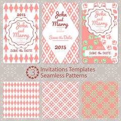 Set of vector cards. 3 templates for any invitations. 3 seamless patterns.