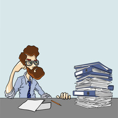 Huge amounts of information are need to explore. People with stack of papers on his table