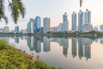 Bangkok, Thailand skyline from Benjakiti Park in the morning.