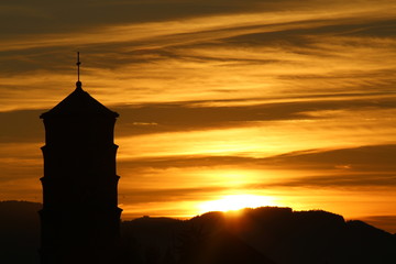 Mariahilf parish church (originally Pfarrkirche Mariahilf or Heldendankkirche) tower at sunset on Mariahilf Street in Bregenz, Vorarlberg, Austria.