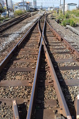 Fototapeta premium 線路（鶴岡駅近く）／山形県の庄内地方で羽越本線の線路（単線）を撮影したローカルイメージの写真です。JR鶴岡駅近くで撮影した写真になります。
