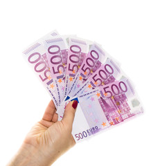 hand holding 500 euro money isolated on white background