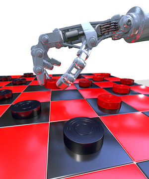 Robot hand playing a game of checkers (draughts), 3D rendering. 64 square, English or Russian board with traditional black and red squares. Representing the blending of tradition and technology.