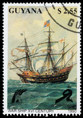 Stamp printed in Guyana shows War Ship in XVI century