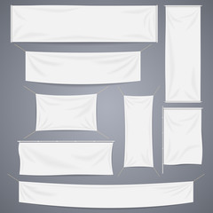 White textile banners with folds vector template set. Separate shadows may be used for any color