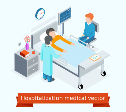 Hospitalization medical vector 3D isometric concept with patient on hospital bed