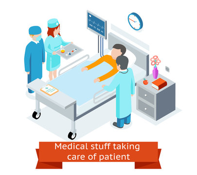 Medical stuff taking care of patient in the hospital ward. 3D isometric vector illustration