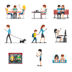 People in different action use smartphone. Vector mobile device, social media and internet addiction concept flat style
