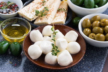 cheeses - mozzarella, feta cheese and pickles, closeup, top view