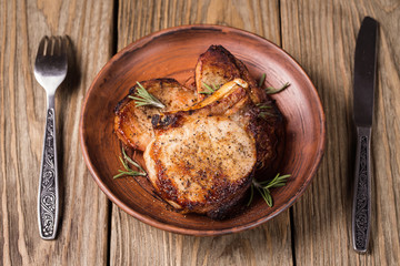 Baked pieces of pork, closeup