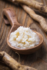 Seasoning of grated horseradish, closeup