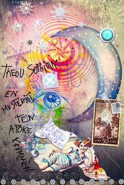 Esoteric graffiti with starry moon,scraps and stamps