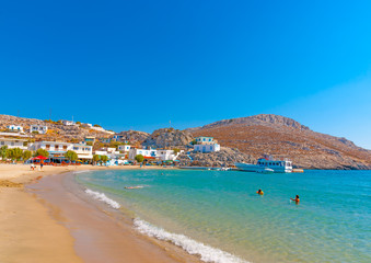 the pictorial beach in front of Pserimos village at Pserimos island in Greece