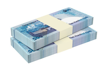 Qatar riyal bills isolated on white background. Computer generated 3D photo rendering.