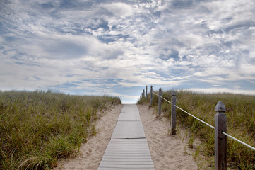 wooden trail with handrails leading to the ocean with grass on opposite sides