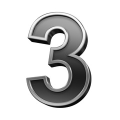 One digit from black with silver shiny frame alphabet set, isolated on white. Computer generated 3D photo rendering.