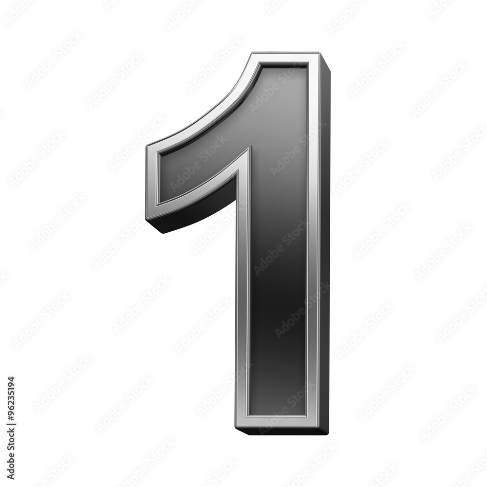Fototapete one digit from black with silver shiny frame alphabet set, isolated on white. computer generated 3d 