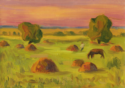 Country landscape summer. Oil painting