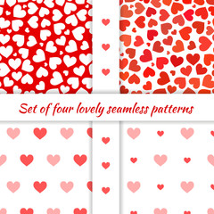 Set of four seamless patterns with hearts
