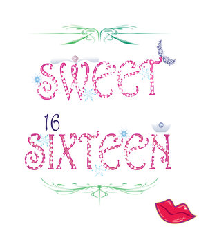 T-shirt graphic design with "Sweet sixteen 16" quote - Vector and illustration