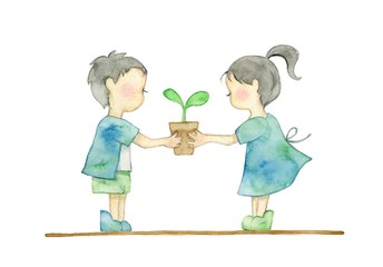 子供と新芽、エコイメージ