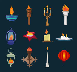 Flat style candles and flames vector collection