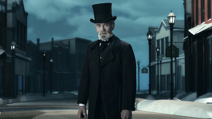Dickens Scrooge Man in Old Winter Street.