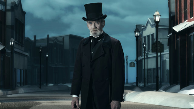 Dickens Scrooge Man in Old Winter Street.